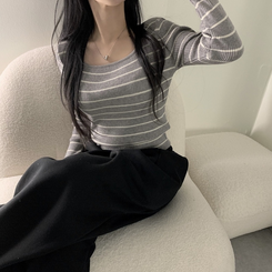 ニット 【スクエアネック/Uネック形別】リブニット10色 STRIPE GRAY