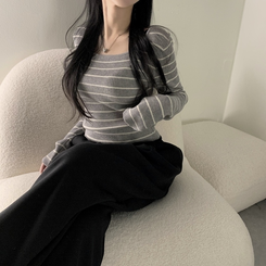 ニット 【スクエアネック/Uネック形別】リブニット10色 STRIPE GRAY