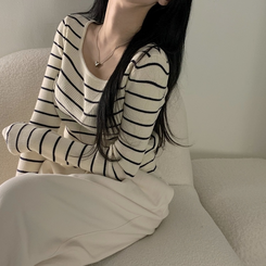 ニット 【スクエアネック/Uネック形別】リブニット10色 STRIPE LIGHT BEIGE