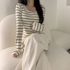 ニット 【スクエアネック/Uネック形別】リブニット10色 STRIPE LIGHT BEIGE