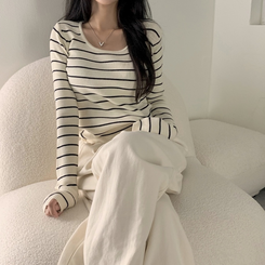ニット 【スクエアネック/Uネック形別】リブニット10色 STRIPE LIGHT BEIGE