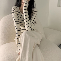 ニット 【スクエアネック/Uネック形別】リブニット10色 STRIPE LIGHT BEIGE