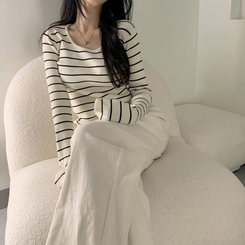ニット 【スクエアネック/Uネック形別】リブニット10色 STRIPE LIGHT BEIGE