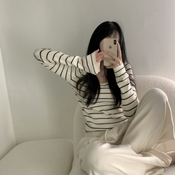 ニット 【スクエアネック/Uネック形別】リブニット10色 STRIPE LIGHT BEIGE