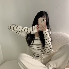 ニット 【スクエアネック/Uネック形別】リブニット10色 STRIPE LIGHT BEIGE