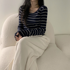 ニット 【スクエアネック/Uネック形別】リブニット10色 STRIPE NAVY