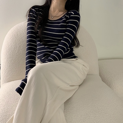 ニット 【スクエアネック/Uネック形別】リブニット10色 STRIPE NAVY