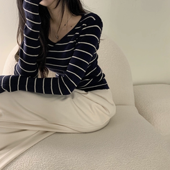 ニット 【スクエアネック/Uネック形別】リブニット10色 STRIPE NAVY
