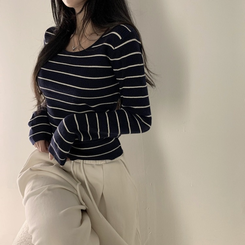 ニット 【スクエアネック/Uネック形別】リブニット10色 STRIPE NAVY