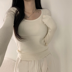 ニット 【スクエアネック/Uネック形別】リブニット10色 LIGHT BEIGE