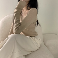 ニット 【スクエアネック/Uネック形別】リブニット10色 BEIGE
