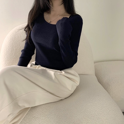 ニット 【スクエアネック/Uネック形別】リブニット10色 NAVY