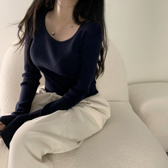 ニット 【スクエアネック/Uネック形別】リブニット10色 NAVY