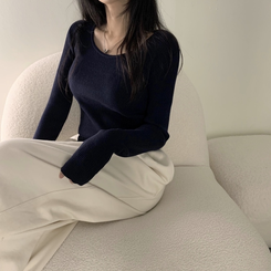 ニット 【スクエアネック/Uネック形別】リブニット10色 NAVY