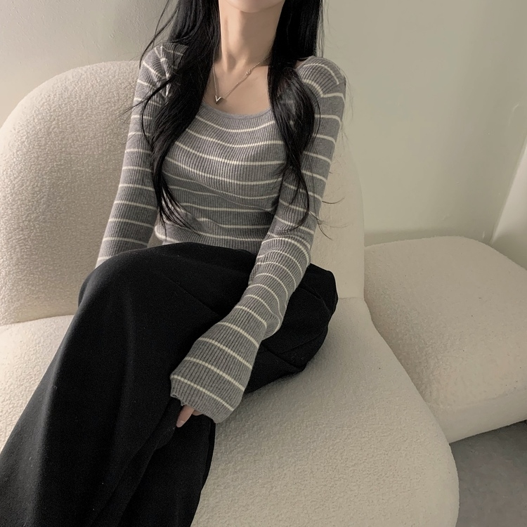 【スクエアネック/Uネック形別】リブニット10色 STRIPE GRAY