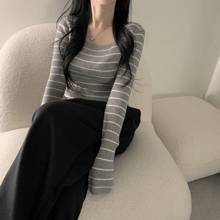 【スクエアネック/Uネック形別】リブニット10色 STRIPE GRAY