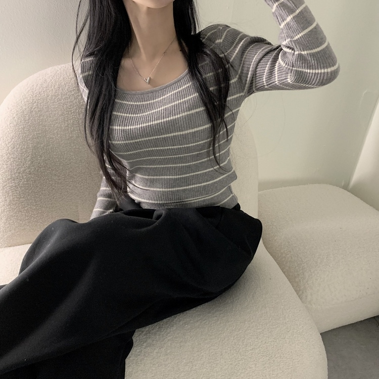 【スクエアネック/Uネック形別】リブニット10色 STRIPE GRAY