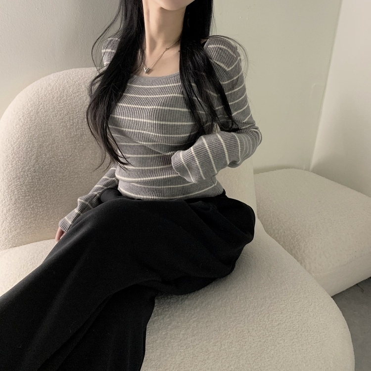 【スクエアネック/Uネック形別】リブニット10色 STRIPE GRAY