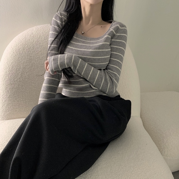 【スクエアネック/Uネック形別】リブニット10色 STRIPE GRAY