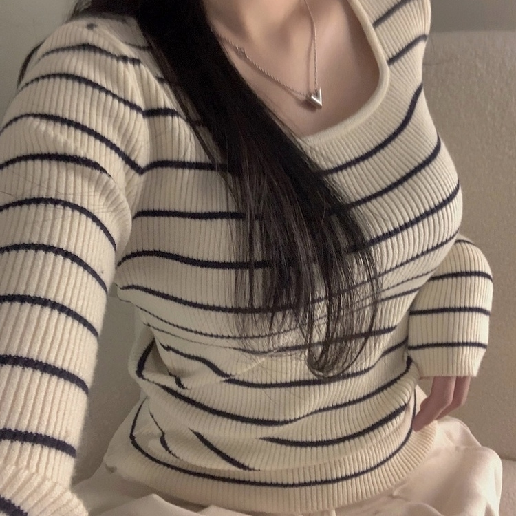 【スクエアネック/Uネック形別】リブニット10色 STRIPE LIGHT BEIGE