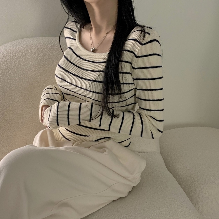 ニット 【スクエアネック/Uネック形別】リブニット10色 STRIPE LIGHT BEIGE