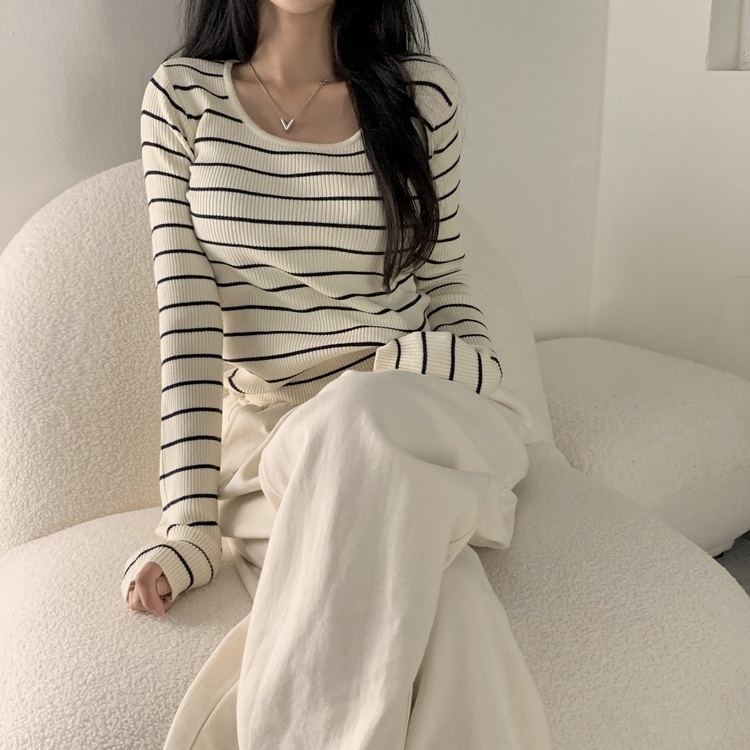 【スクエアネック/Uネック形別】リブニット10色 STRIPE LIGHT BEIGE