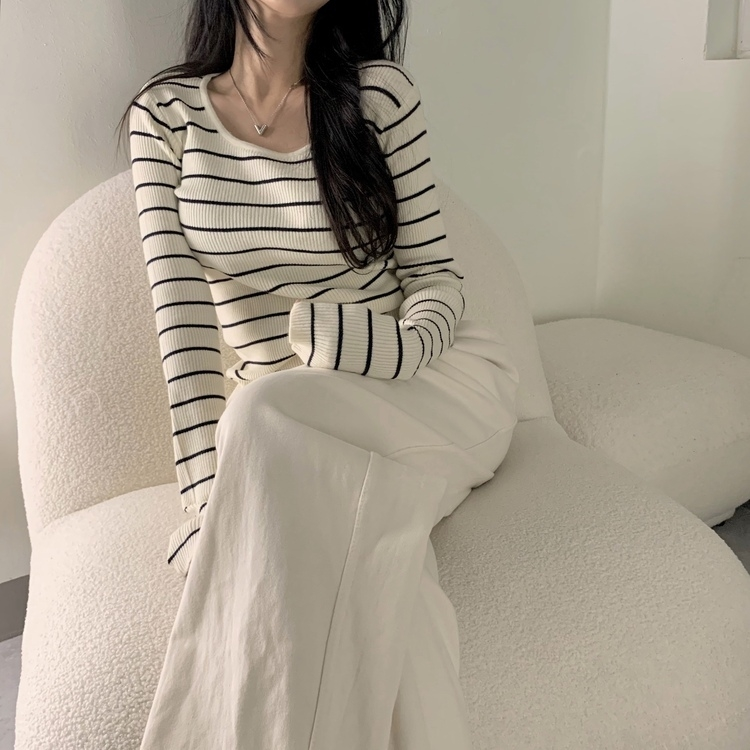 【スクエアネック/Uネック形別】リブニット10色 STRIPE LIGHT BEIGE