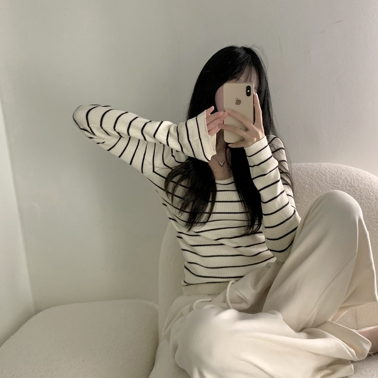 【スクエアネック/Uネック形別】リブニット10色 STRIPE LIGHT BEIGE