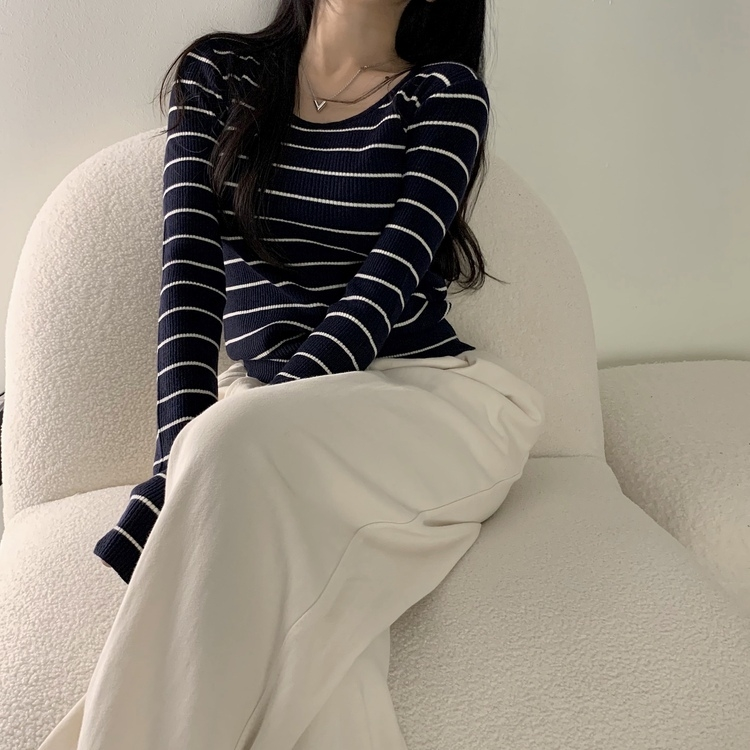 【スクエアネック/Uネック形別】リブニット10色 STRIPE NAVY