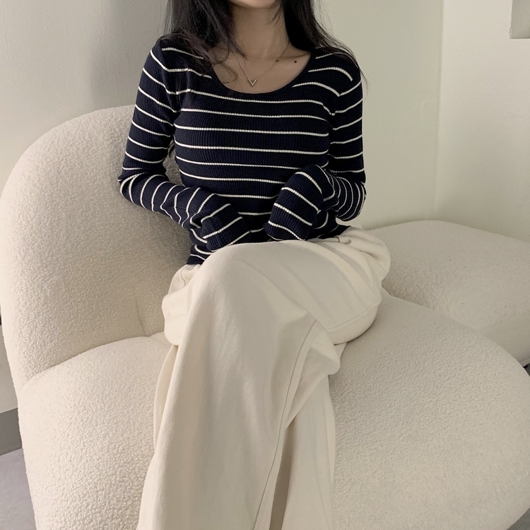 ニット 【スクエアネック/Uネック形別】リブニット10色 STRIPE NAVY
