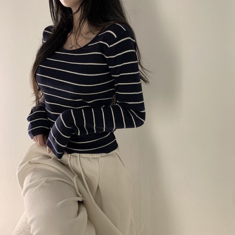 【スクエアネック/Uネック形別】リブニット10色 STRIPE NAVY
