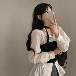 감성모드적용 베로나 머플러 셔링 골지 니트 탱크탑 투피스 세트 블랙