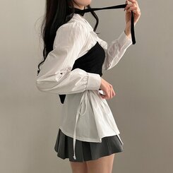 감성모드적용 베로나 머플러 셔링 골지 니트 탱크탑 투피스 세트 블랙