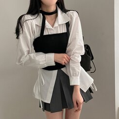 감성모드적용 베로나 머플러 셔링 골지 니트 탱크탑 투피스 세트 블랙