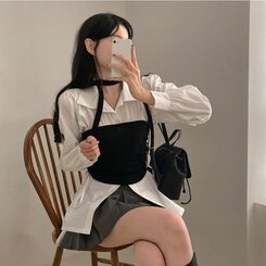 감성모드적용 베로나 머플러 셔링 골지 니트 탱크탑 투피스 세트 블랙