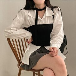 감성모드적용 베로나 머플러 셔링 골지 니트 탱크탑 투피스 세트 블랙