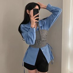 감성모드적용 베로나 머플러 셔링 골지 니트 탱크탑 투피스 세트 그레이