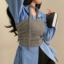 감성모드적용 베로나 머플러 셔링 골지 니트 탱크탑 투피스 세트 그레이