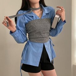 감성모드적용 베로나 머플러 셔링 골지 니트 탱크탑 투피스 세트 그레이