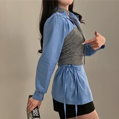 감성모드적용 베로나 머플러 셔링 골지 니트 탱크탑 투피스 세트 그레이