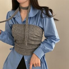 감성모드적용 베로나 머플러 셔링 골지 니트 탱크탑 투피스 세트 그레이