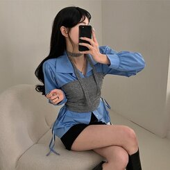 감성모드적용 베로나 머플러 셔링 골지 니트 탱크탑 투피스 세트 그레이