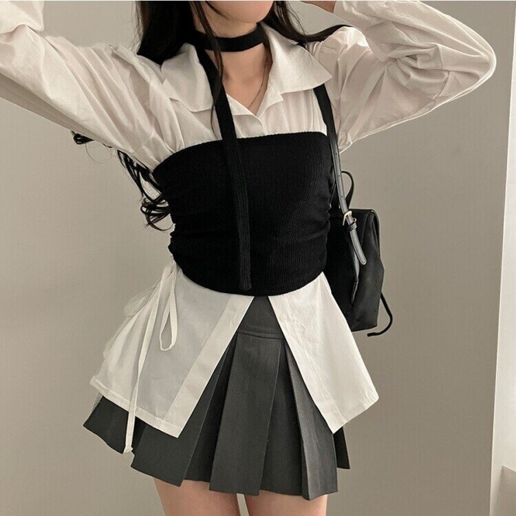 감성모드적용 베로나 머플러 셔링 골지 니트 탱크탑 투피스 세트 블랙