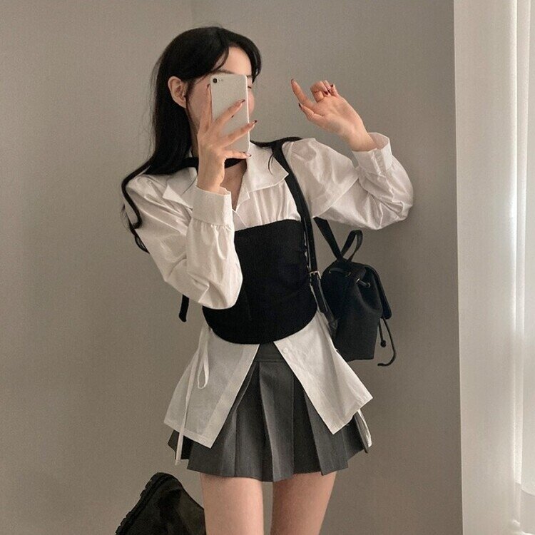 감성모드적용 베로나 머플러 셔링 골지 니트 탱크탑 투피스 세트 블랙