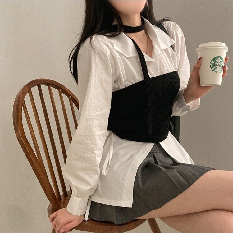 감성모드적용 베로나 머플러 셔링 골지 니트 탱크탑 투피스 세트 블랙