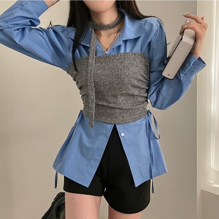 감성모드적용 베로나 머플러 셔링 골지 니트 탱크탑 투피스 세트 그레이