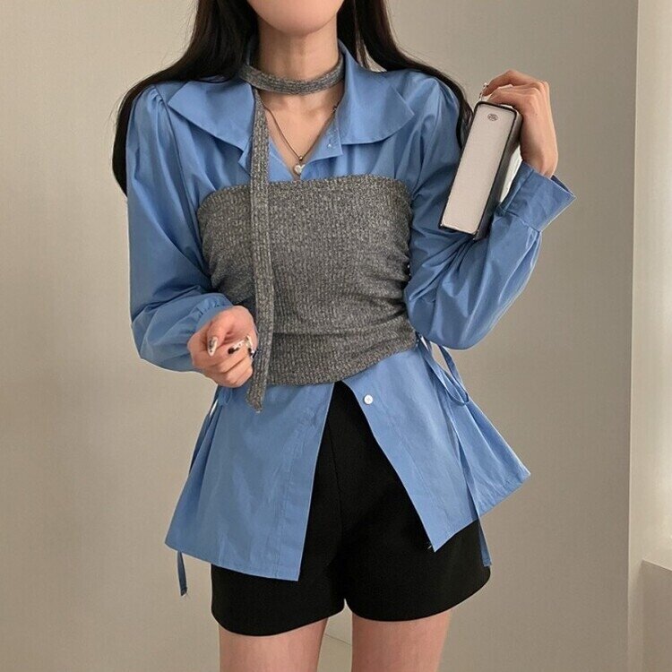 감성모드적용 베로나 머플러 셔링 골지 니트 탱크탑 투피스 세트 그레이