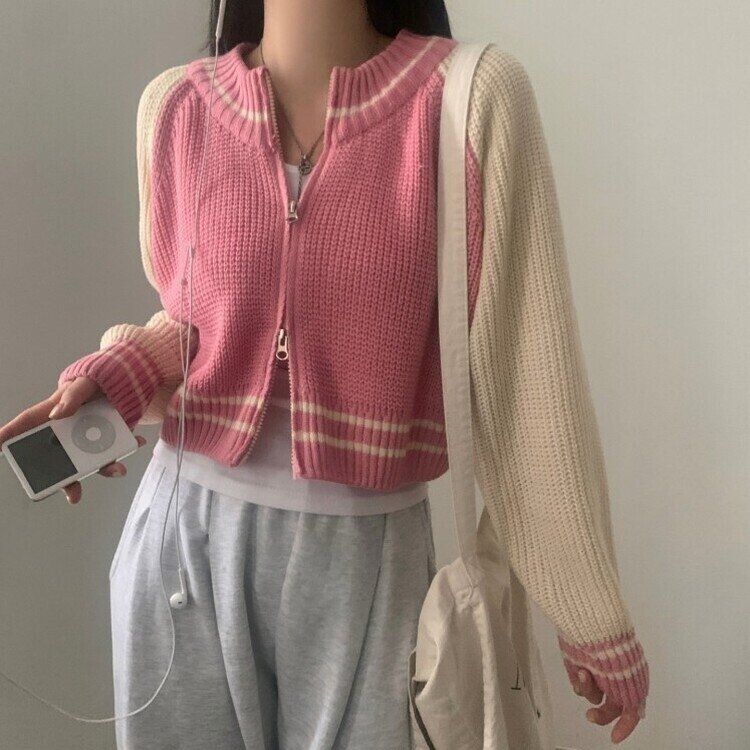 バイカラーラインラグランダブルジップアップクロップニット