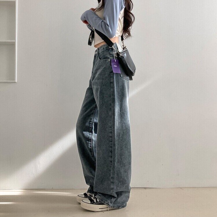 사계절 인생 데님 3기장 빈티지 워싱 하이웨스트 와이드 팬츠 그레이