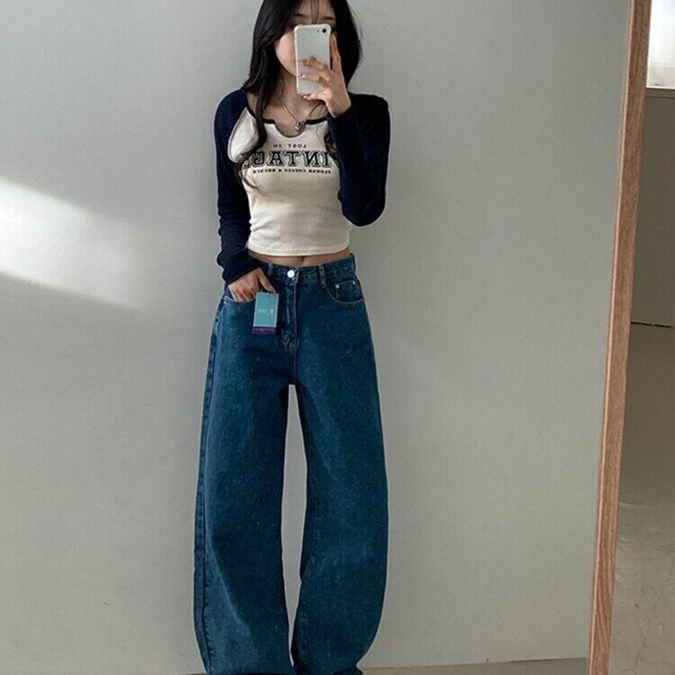 사계절 인생 데님 3기장 빈티지 워싱 하이웨스트 와이드 팬츠 중청